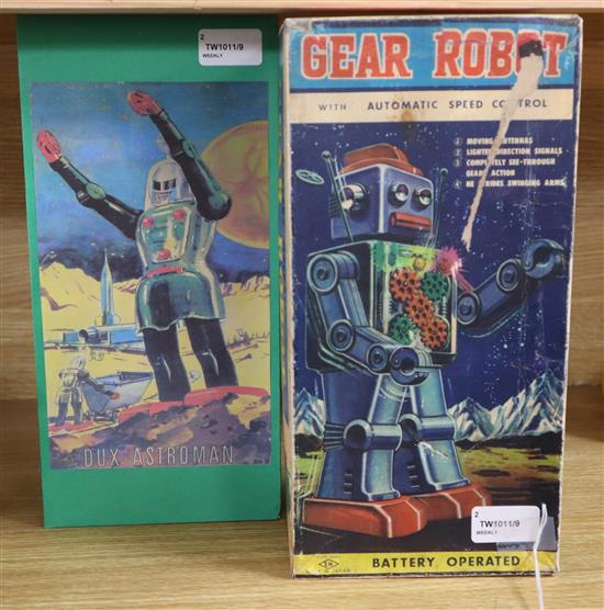 A Horikawa SH tinplate and plastic battery-operated Gear Robot in original box and a Dux-Astroman electric robot